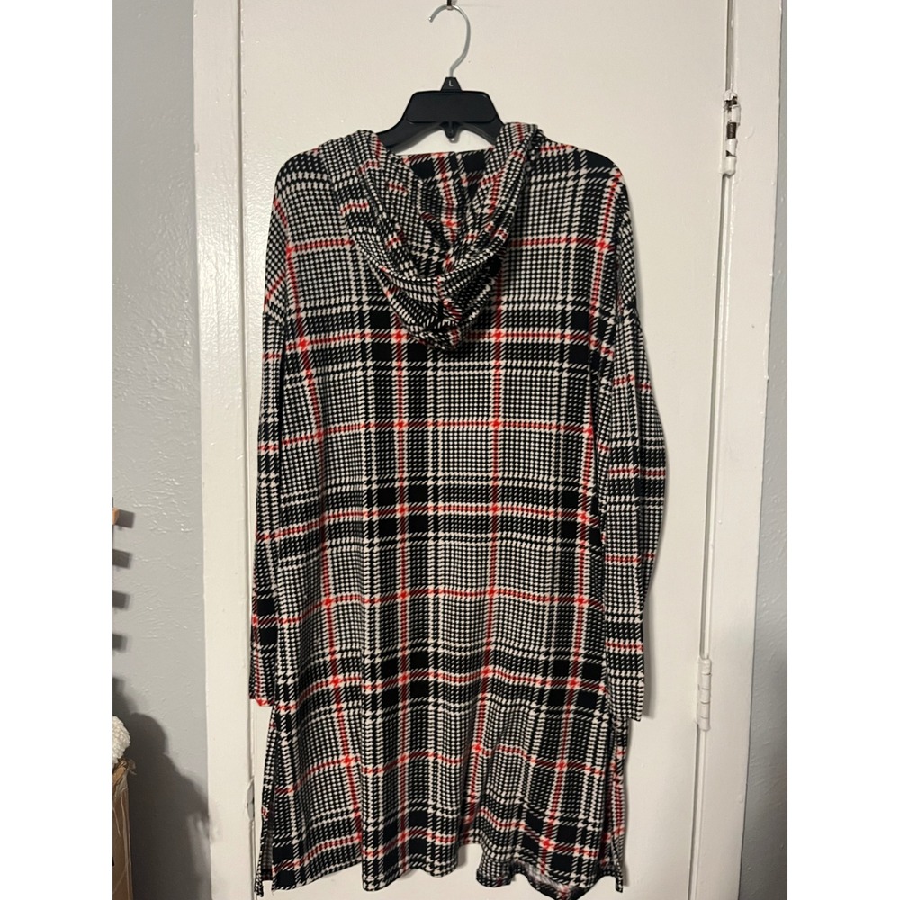 Lildy Womens Plaid Hooded Cardigan Black White Red Open Front Longline L XL - Picture 5 of 6